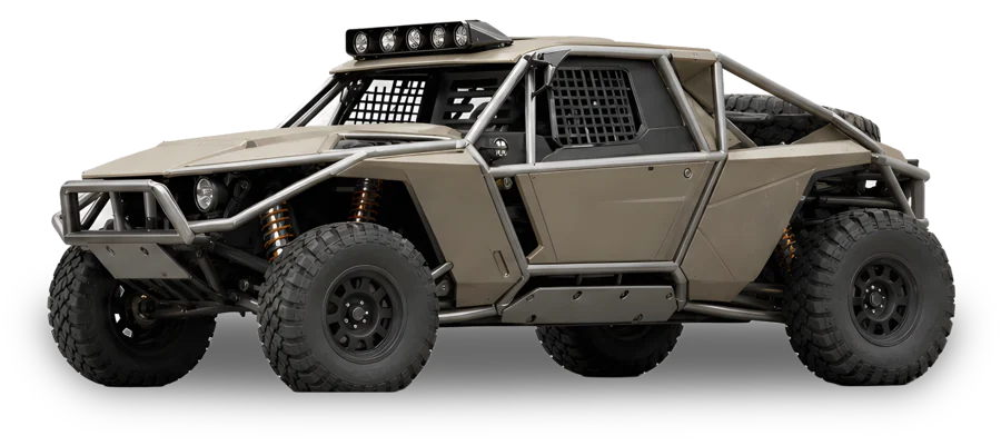 Duneline, a sand-colored desert raid buggy with a roll cage and roof lights