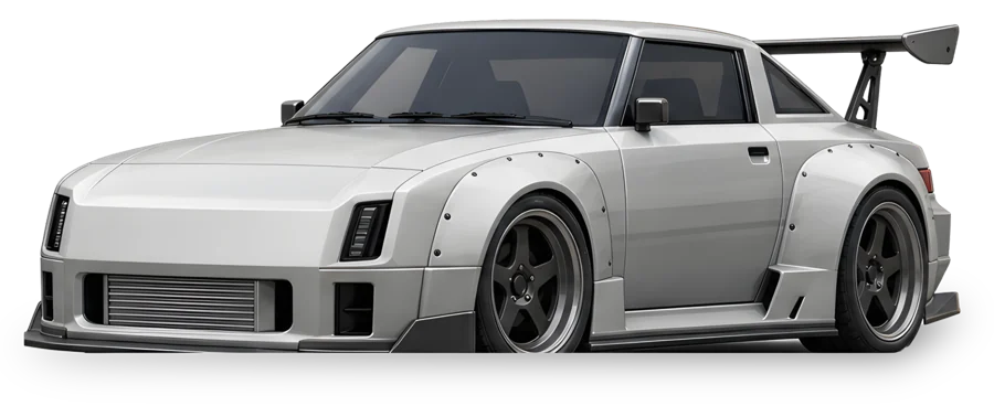 Kaido, a white Japanese tuner with wide fender flares and a tall rear wing