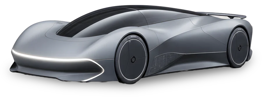 Lumen, a smooth silver electric hypercar with a light bar across the nose
