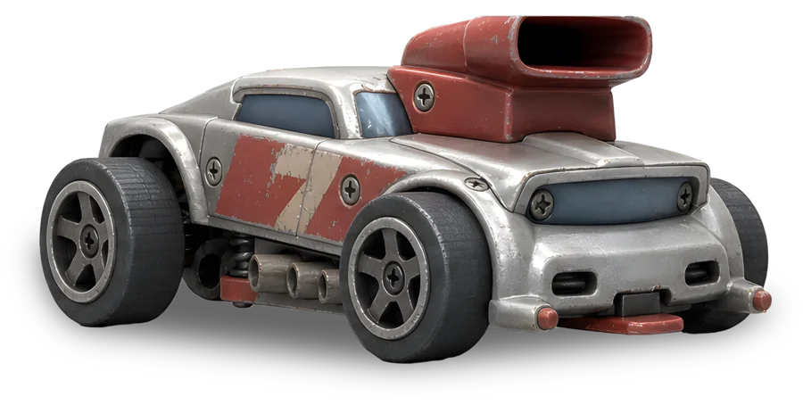 Zinc, a chunky bare-metal die-cast toy car with a big red air scoop